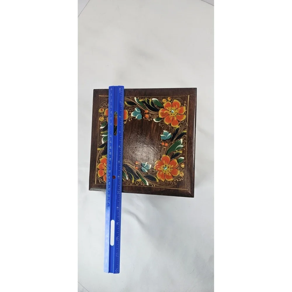 Vintage Hand Painted Wood Trinket Box‎ Floral Folk Art Jewelry Box Hinged Lid